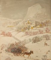 Téli táj  Méret: 70x50 Anyag: farost, tempera Készítés éve: ismeretlen