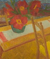 Csendélet piros virágokkal  Méret: 50x63 Anyag: vászon, olaj Készítés éve: ismeretlen